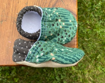 Baby Shoes - Green Cactus Print with Charcoal X Fabric - Custom Sizes 0-24 months 2T-4T