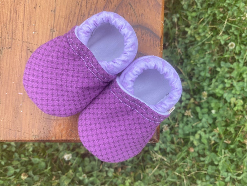 Baby Shoes Purple X Print with Purple Polka Dots Custom Sizes 0-24 months 2T-4T by little house of colors image 1