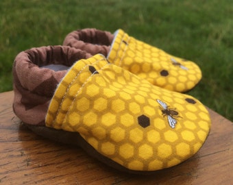 Baby Shoes - Yellow Bee and Honeycomb Fabric with Brown Chevron - Custom Sizes 0-24 months 2T-4T