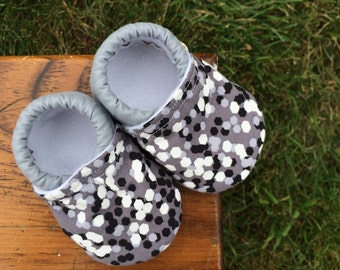 Baby Shoes - Black and White and Grey Confetti Print - Custom Sizes 0-24 months 2T-4T