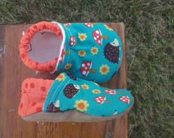 Baby Shoes - Teal Mushroom and Hedgehog Fabric with Orange Twigs - Custom Sizes 0-24 months 2T-4T