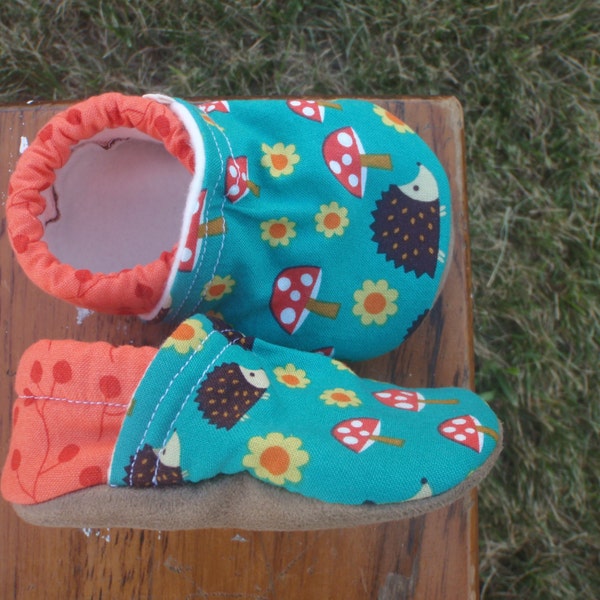Baby Shoes - Teal Mushroom and Hedgehog Fabric with Orange Twigs - Custom Sizes 0-24 months 2T-4T