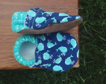 Baby Shoes - Turquoise Little Whales on Navy Background - Custom Sizes 0-3 3-6 6-12 12-18 18-24 months 2T 3T 4T