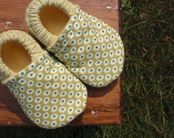 Baby Shoes - Pale & Olive Greens, Navy Blue and Yellow - Amy Butler's Seed Print - Made to Order Sizes 0-24 months 2T-4T