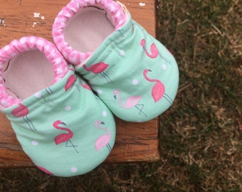 Baby Shoes - Pink Flamingoes on Mint with Pink Gingham - Custom Sizes 0-24 months 2T-4T
