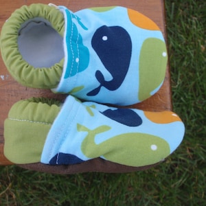 Baby Shoes Whales Blue, Green and Orange Custom Sizes 0-3 3-6 6-12 12-18 18-24 months 2T 3T 4T image 1