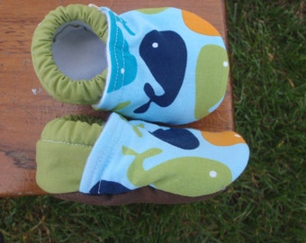 Baby Shoes - Whales - Blue, Green and Orange - Custom Sizes 0-3 3-6 6-12 12-18 18-24 months 2T 3T 4T