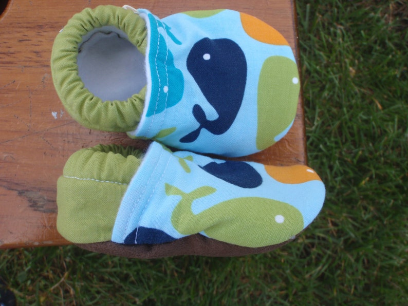 Baby Shoes Whales Blue, Green and Orange Custom Sizes 0-3 3-6 6-12 12-18 18-24 months 2T 3T 4T image 1