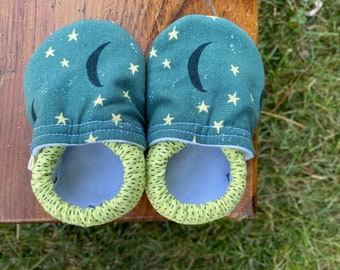 Baby Shoes - Dark Green Fabric with Crescent Moons and Stars with Light Green Dash Print - Custom Sizes 0-24 months 2T-4T