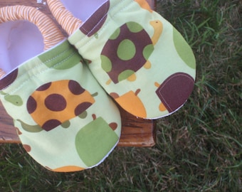 Baby Shoes - Brown, Orange and Green Bermuda Turtles with Brown and White Stripe - Custom Sizes 0-24 months 2T-4T
