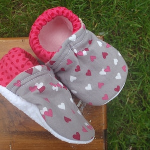 Baby Shoes Gray/Grey with Pink, Red and White Hearts and Pink Polka-Dots Custom Sizes 0-24 months 2T-4T image 1