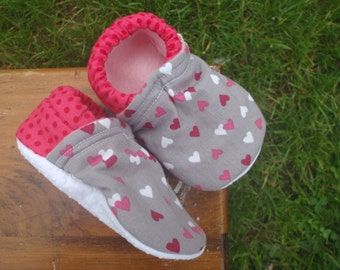 Baby Shoes - Gray/Grey with Pink, Red and White Hearts and Pink Polka-Dots - Custom Sizes 0-24 months 2T-4T