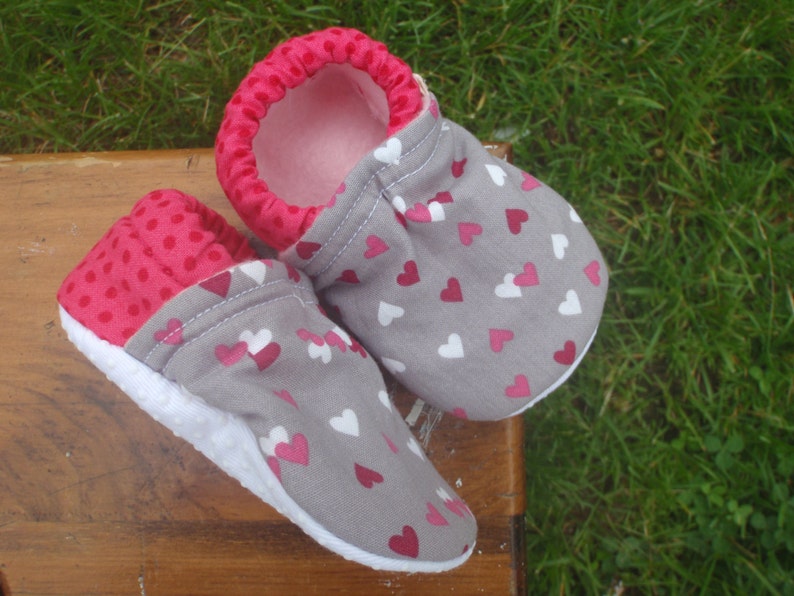 Baby Shoes Gray/Grey with Pink, Red and White Hearts and Pink Polka-Dots Custom Sizes 0-24 months 2T-4T image 1