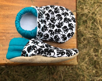 Baby Shoes - Teal Blue With Black and White Elephant Fabric - Custom Sizes 0-3 3-6 6-12 12-18 18-24 months 2T 3T 4T