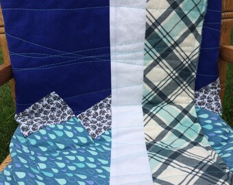 Patchwork Quilt in Grey and Blue Tones - Elephants - Raindrops - Plaid - Polka-Dots