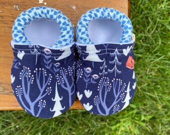 Baby Shoes - Blue Forest Fabric with Rectangle Checkerboard Print  - Custom Sizes 0-3 3-6 6-12 12-18 18-24 months 2T 3T 4T