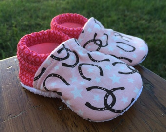 Baby Shoes - Pink Horseshoe Fabric with Stars and Goemetric Print - Custom Sizes 0-24 months - 2T-4T