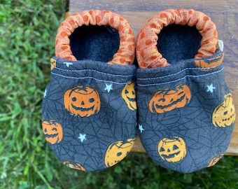 Baby Shoes - Dark Grey with Pumpkin Faces and Orange Polka Dot - Custom Sizes 0-24 months 2T-4T