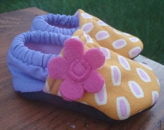 Baby Shoes - Yellow, Purple, and Pink with a Flower Embellishment - Custom Sizes 0-24 months 2T-4T