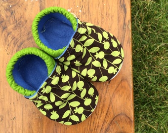 Baby Shoes with Leaves and Poppies in Green and Brown and Blue - Gender Neutral - Custom Sizes 0-24 months 2T-4T