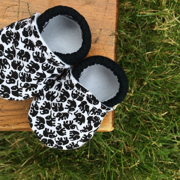Baby Shoes - White with Little Black Elephants - Custom Sizes 0-3 3-6 6-12 12-18 18-24 months 2T 3T 4T