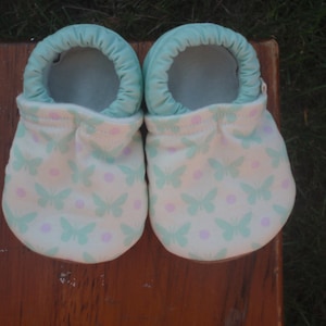 Baby Shoes - Cream with Mint Butterflies and Lavender Dots - Custom Sizes 0-24 months 2T-4T