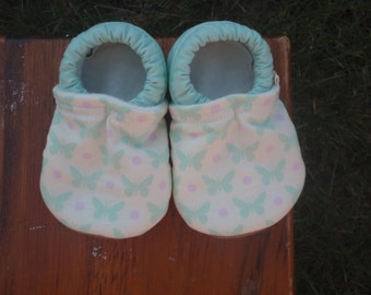 Baby Shoes - Cream with Mint Butterflies and Lavender Dots - Custom Sizes 0-24 months 2T-4T