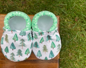 Baby Shoes - Evergreen Tree Print with Mint Green Polka Dot - Custom Sizes 0-3 3-6 6-12 12-18 18-24 months 2T 3T 4T