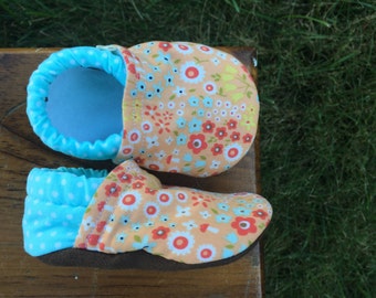 Baby Shoes - Peach Floral/Mushroom Print with Blue Polka-dots - Custom Sizes 0-24 months 2T-4T