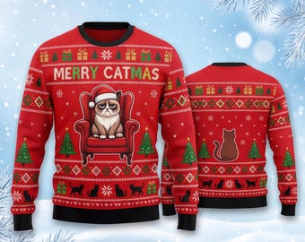 Suéter navideño divertido de Grumpy Cat, suéter navideño feo en 3D, suéter navideño navideño Merry Catmas, regalo para amantes de los gatos
