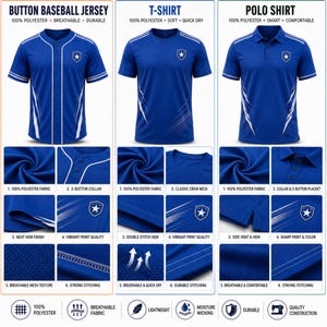 Puede incluir: Se muestran tres camisetas deportivas azules: una camiseta de b&eacute;isbol, una camiseta y una camiseta polo. Cada camiseta presenta un logotipo de estrella blanca y detalles en blanco. La imagen destaca los detalles de la tela, incluyendo malla transpirable y dobladillos de doble costura.
