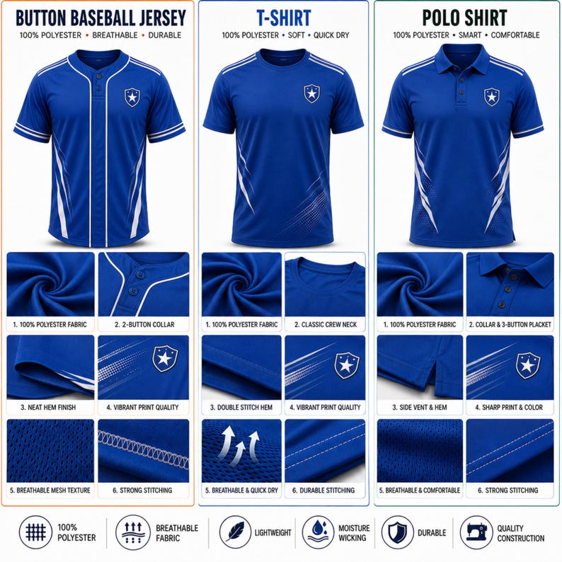 Puede incluir: Se muestran tres camisetas deportivas azules: una camiseta de b&eacute;isbol, una camiseta y una camiseta polo. Cada camiseta presenta un logotipo de estrella blanca y detalles en blanco. La imagen destaca los detalles de la tela, incluyendo malla transpirable y dobladillos de doble costura.
