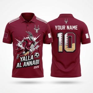 Puede incluir: Polo burdeos con rayas blancas en los hombros. La parte delantera presenta una gacela de dibujos animados con uniforme de f&uacute;tbol, el texto "Yalla Al Annabi 2026" y un bal&oacute;n de f&uacute;tbol. La parte trasera tiene el n&uacute;mero 10 y el texto "YOUR NAME".