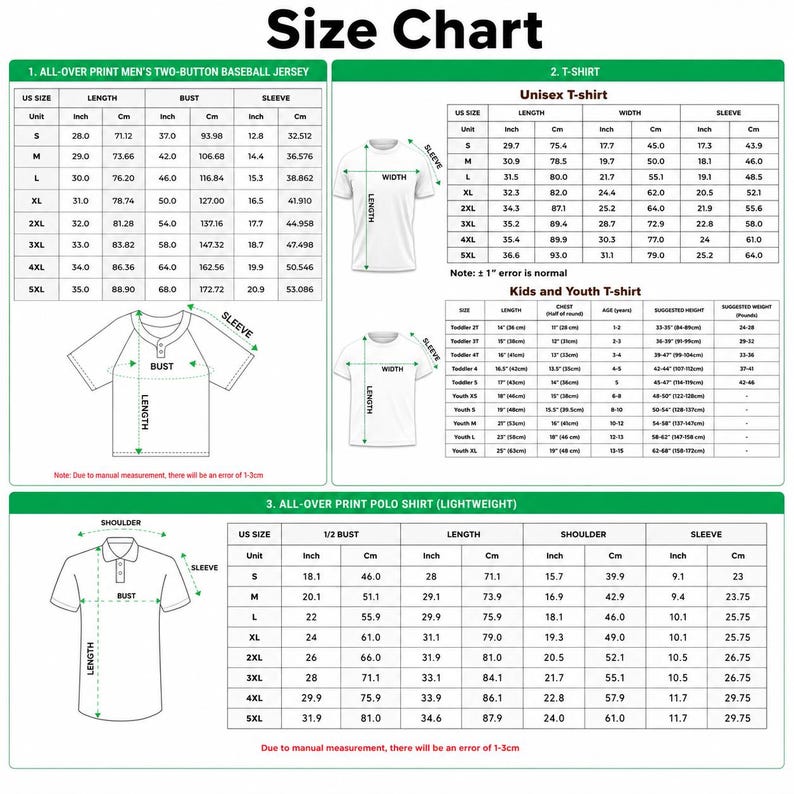 Puede incluir: Una tabla de tallas para varias prendas, incluyendo camisetas de b&eacute;isbol, camisetas unisex y polos. La tabla proporciona medidas en pulgadas y cent&iacute;metros para largo, busto y manga, con tallas desde la S hasta la 5XL.