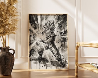 Goku Super Saiyan Poster – Dragon Ball Anime Wall Art, Black White Watercolor, Kamehameha Scene