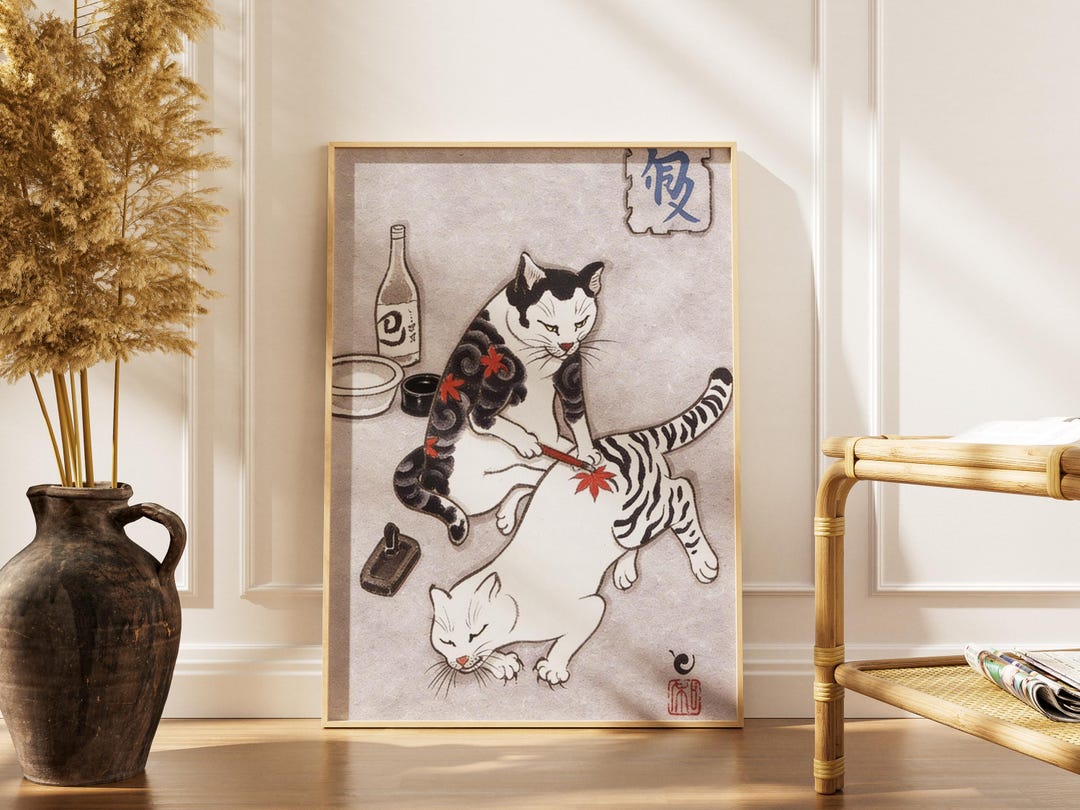 Japanese Cat Art Print – Two Cats With Traditional Patterns & Maple ...