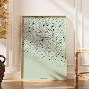 Könnte beinhalten: Gerahmter Kunstdruck mit einem abstrakten Design aus schwarzen Punkten und Linien auf hellgrünem Hintergrund. Die Worte "INFINITY NET" sind unten aufgedruckt. Der Rahmen hat eine helle Holzfarbe. Es ist eine limitierte Auflage.