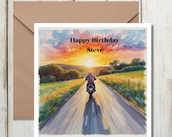 Sunset Bike rider birthday Card personalised name for motorbike rider wife husband girlfriend boyfriend son daughter