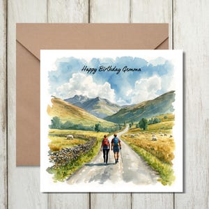 Carte d'anniversaire personnalisée pittoresque pour randonneur randonneur grimpeur marchant paysage montagnes en plein air campagne carte de haute qualité