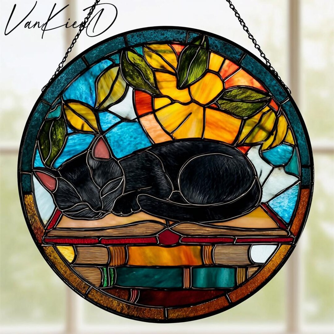 Black Cat on Book Stained Glass Suncatcher Window Hanging Custom ...