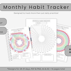 Könnte beinhalten: Ein monatlicher Gewohnheitstracker mit einer Spiralbindung und zwei lose-Blatt-Versionen. Die Tracker haben ein kreisförmiges Design mit Feldern für Ziele und Gewohnheitssiege. Der Text "Monthly Habit Tracker" steht oben. Das Bild enthält auch Text, der "16 Seiten" und "4 Designs" sagt.