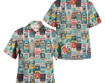 Retro Shark Hawaiian Shirt, Vintage Ocean Movie Style Button Up