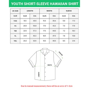 May include: Diagram of a youth short-sleeve Hawaiian shirt with measurements in inches and centimeters. The chart provides length, width, and sleeve measurements for sizes YXS to YXL. The shirt design is shown in a line drawing.