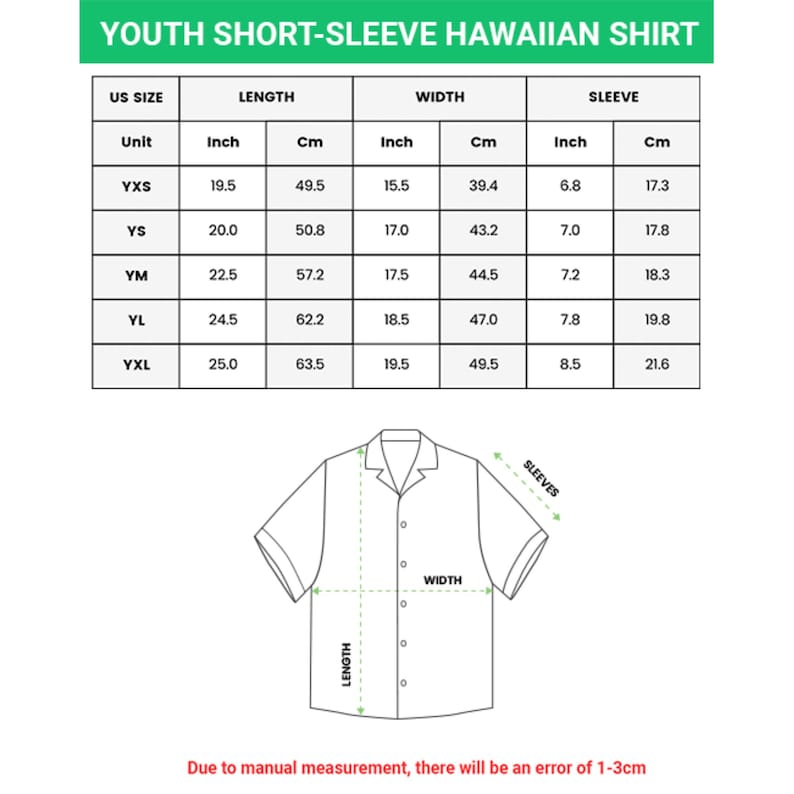May include: Diagram of a youth short-sleeve Hawaiian shirt with measurements in inches and centimeters. The chart provides length, width, and sleeve measurements for sizes YXS to YXL. The shirt design is shown in a line drawing.