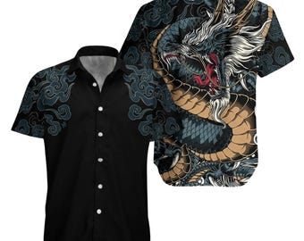 Japanese Dragon Hawaiian Shirt, Black Mythical Button Up