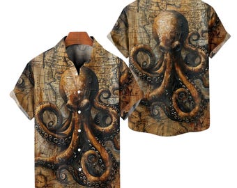 May include: Short-sleeved button-down shirt featuring a detailed octopus illustration in shades of brown and black. The background is a vintage map design, creating a nautical theme. The shirt is displayed on a wooden hanger.