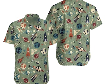 Vintage Space Hawaiian Shirt, 1950s Atomic Rocket Aloha Button Down
