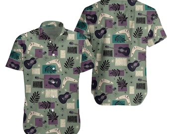 Retro Music Hawaiian Shirt Guitar Boomerang Mid Century Button Up