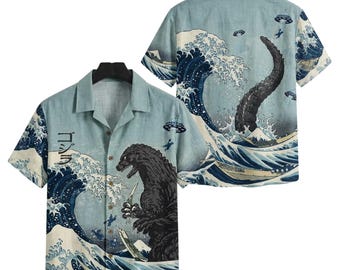 Godzilla Great Wave Hawaiian Shirt, Japanese Kaiju Aloha Button Up