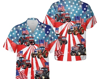 Patriotic Tractor Hawaiian Shirt, American Farmer USA Flag Button Up